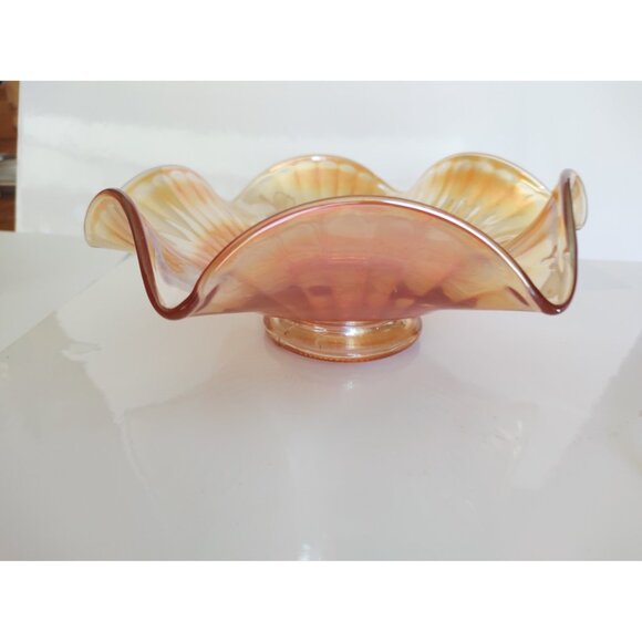 Vintage Marigold Ribbed and Ruffled  Iridescent Carnival Glass 9 1/4-Inch Bowl - Picture 2 of 11